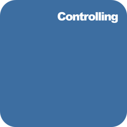 Blaues Viereck mit Schriftzug Controlling Blaues Viereck mit Schriftzug Controlling