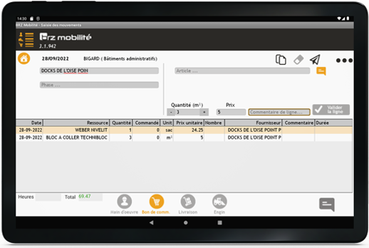 BRZ Mobilité : écran saisie des bons de commande et demandes d'approvisionnement