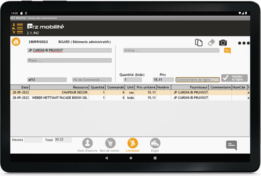 BRZ Mobilité : écran de saisie des bons de livraison